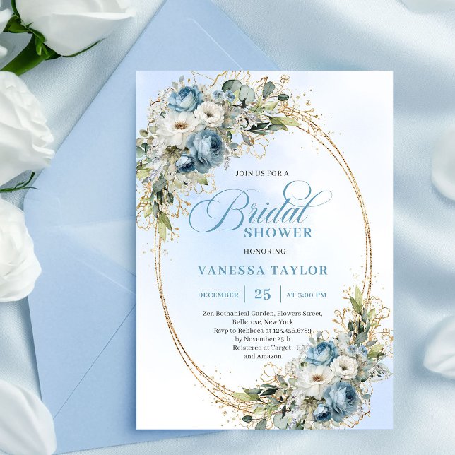Classic Dusty Blue Floral Eucalyptus Bridal Shower Inbjudningar (Classic Dusty Blue Floral Eucalyptus Bridal Shower Invite)