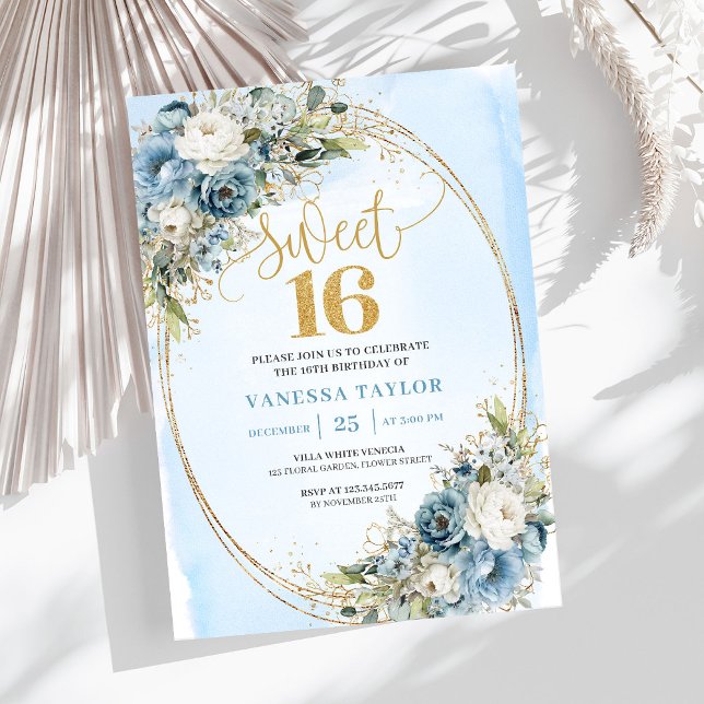 Classic Dusty Blue Floral Sweet 16th Birthday  Inbjudningar (Classic Dusty Blue Floral Sweet 16th Birthday Invite)