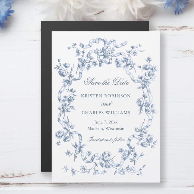Classic Dusty Blue Flowers & Ribbons Save the Date Magnetisk Inbjudningskort (Skapare uppladdad)