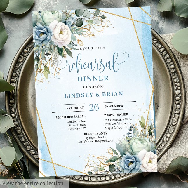 Classic Dusty Blue Greenery Guld Ram Rehearsal Inbjudningar (Classic Dusty Blue Greenery Gold Frame Rehearsal Invite)
