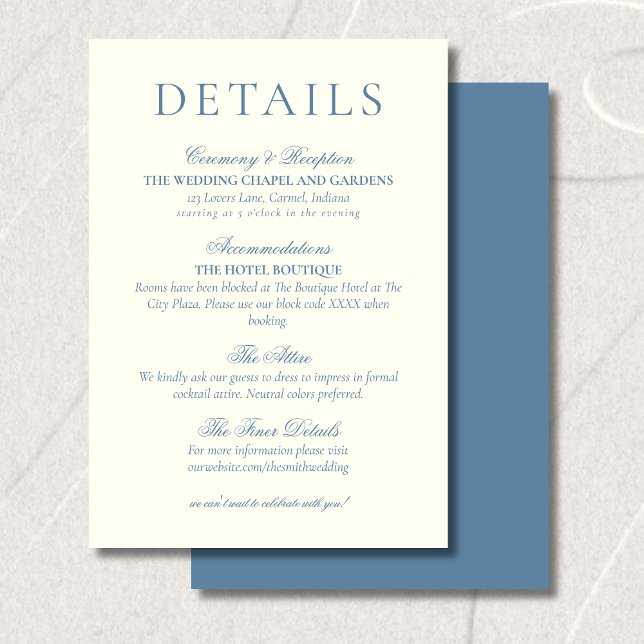 Classic Dusty Blue Minimalist Wedding Details Tilläggskort (Classic Dusty Blue Minimalist Wedding Details Enclosure Card)