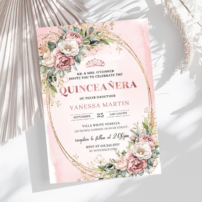 Classic Dusty Pink Flowers Greenery Quinceanera Inbjudningar (Classic Dusty Pink Flowers Greenery Quinceañera)