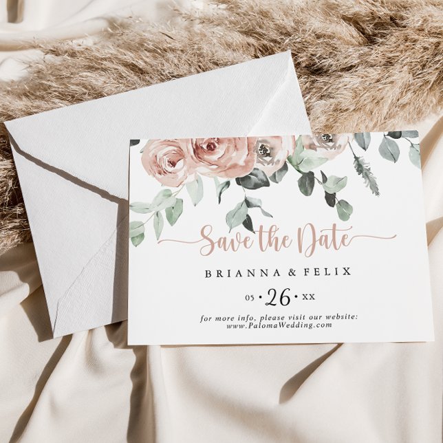 Classic Dusty Rosa Blommigt Vågrät Bröllop Spara Datumet (Skapare uppladdad)