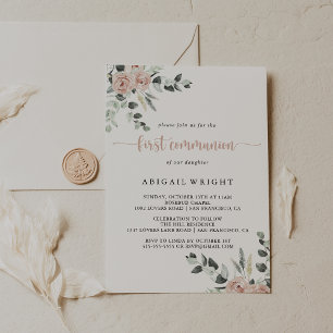Classic Dusty Rosa ros Blommigt First Communion Inbjudningar