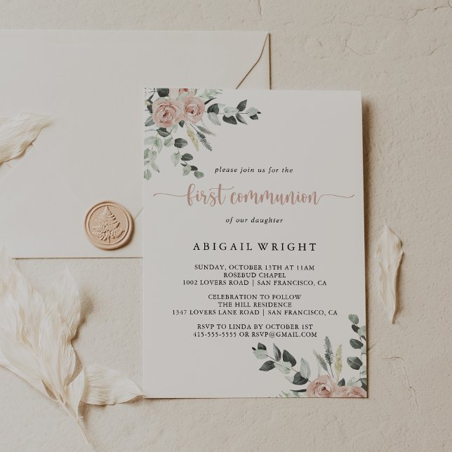 Classic Dusty Rosa ros Blommigt First Communion Inbjudningar (Skapare uppladdad)