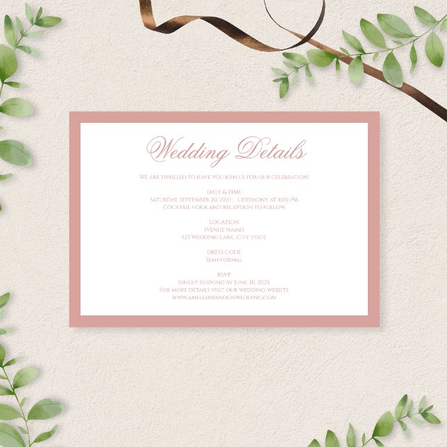Classic Dusty Rose Border Script Wedding Details Tilläggskort (Skapare uppladdad)
