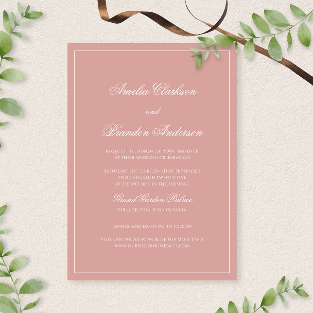 Classic Dusty Rose & White Border Script Wedding Inbjudningar (Skapare uppladdad)