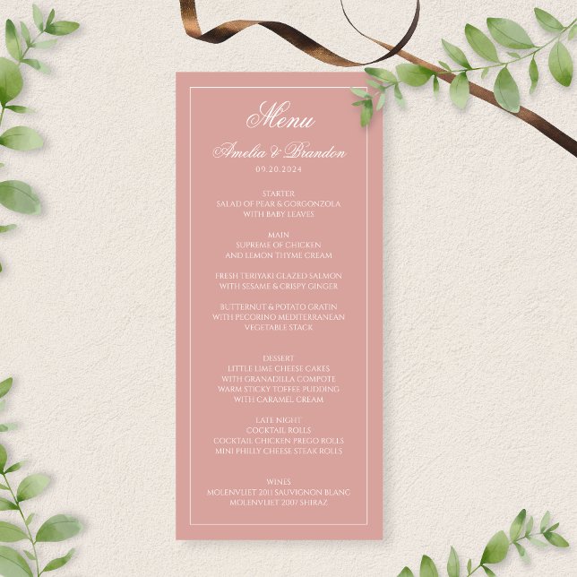 Classic Dusty Rose & White Border Script Wedding Meny (Skapare uppladdad)
