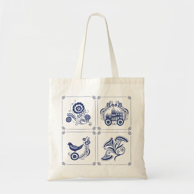 Classic Dutch Blue Delft Tile Floral & Bird Design Tygkasse (Framsidan)