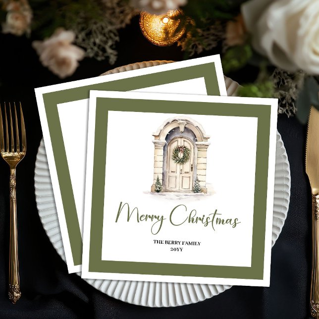 Classic Earth Tone Christmas Door Custom Name Pappersservett (Classic Earth Tone Christmas Tree Custom Name Napkins)