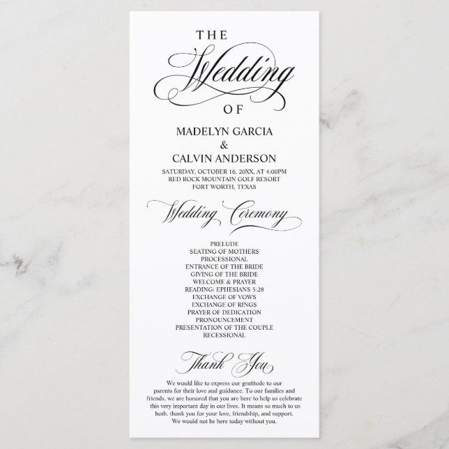 Classic Elegance Black Script, Bröllop Ceremony Program (Framsida)