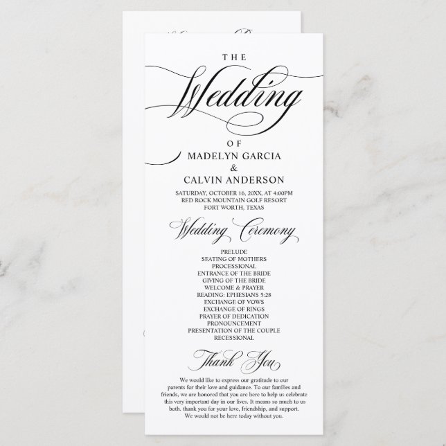 Classic Elegance Black Script, Bröllop Ceremony Program (Fram/baksida)