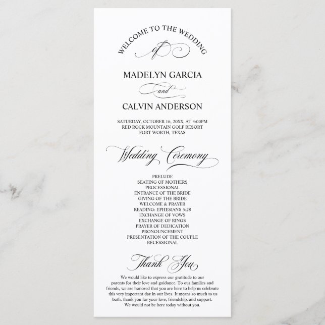 Classic Elegance Black Script, Bröllop Ceremony Program (Framsida)