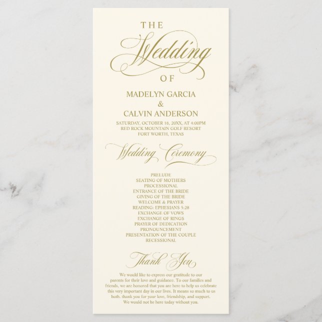 Classic Elegance Guld, Bröllop Ceremony Program (Framsida)