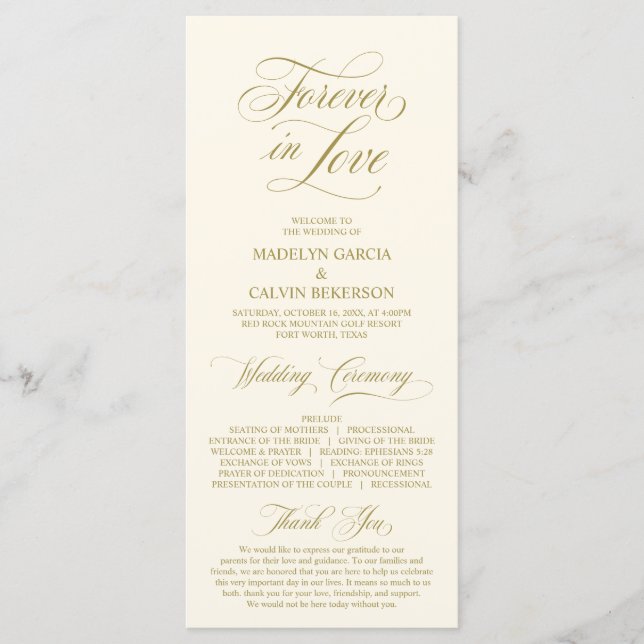 Classic Elegance Guld Script, Bröllop Ceremony Program (Framsida)