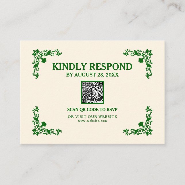 Classic Elegance Ivory & Emerald Islamic QR RSVP Tilläggskort (Framsida)