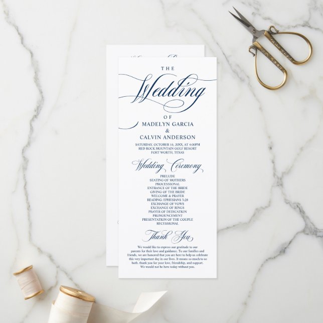 Classic Elegance Navy Blue, Bröllop Ceremony Program (Fram/Back In Situ)