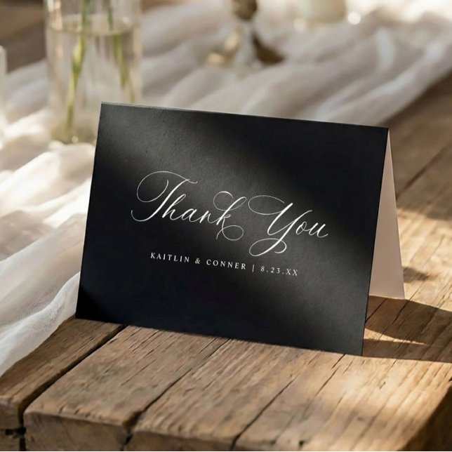 Classic Elegant Black and White Wedding Tack Kort (Black wedding thank you cards with white text and elegant calligraphy script)