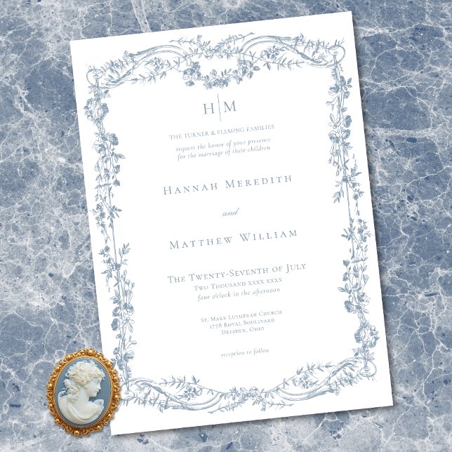 Classic Elegant Blue Delicate Floral Frame Wedding Inbjudningar (Classic Elegant Blue Delicate Floral Frame Wedding Invitation)