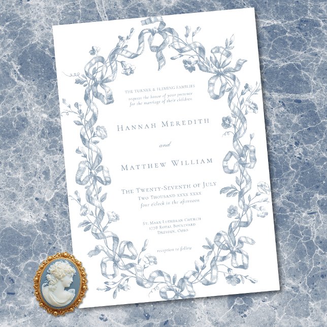 Classic Elegant Blue Oval Ribbon Frame Wedding Inbjudningar (Classic Elegant Blue Oval Ribbon Frame Wedding Invitation)