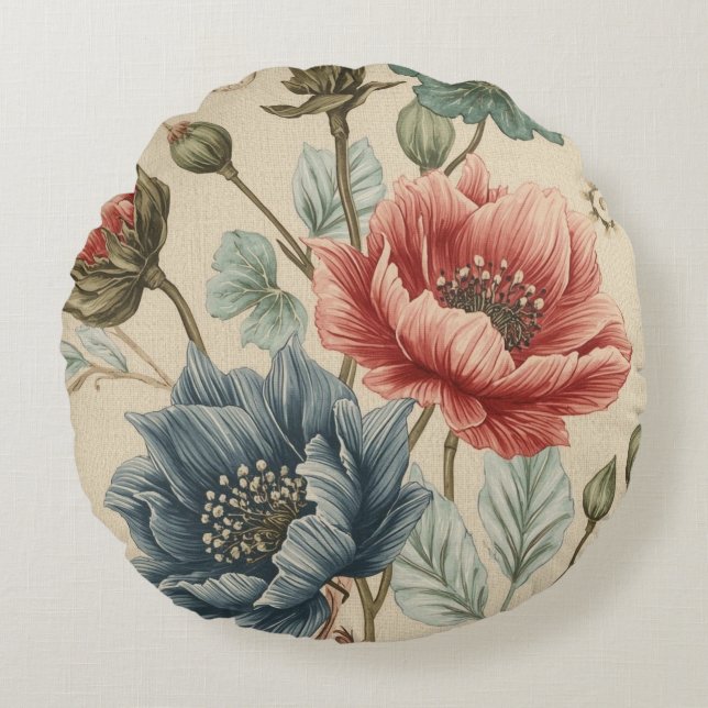 Classic, Elegant, Blue Rose Gold Flowers Pattern Rund Kudde (Framsidan)