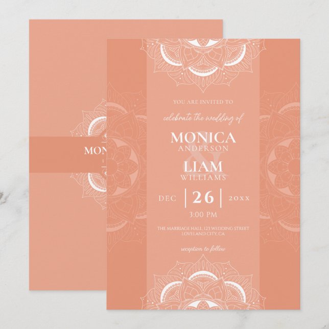 Classic Elegant Boho Mandala Ornate Coral Bröllop Inbjudningar (Fram/baksida)