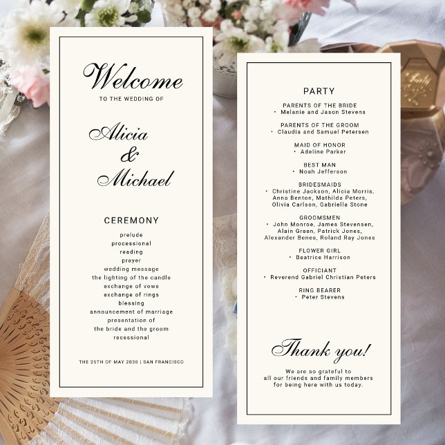 Classic elegant calligraphy black ivory wedding program (Skapare uppladdad)