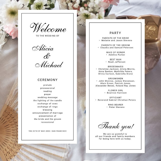 Classic elegant calligraphy black white wedding program (Skapare uppladdad)