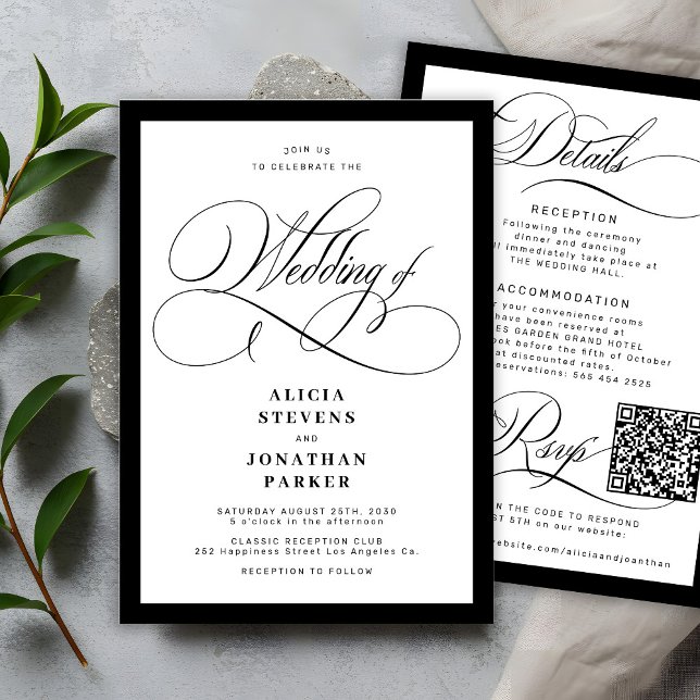 Classic elegant calligraphy QR code wedding Inbjudningar (Skapare uppladdad)