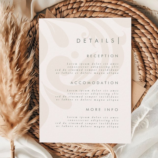 Classic Elegant Cream Sage Damask Wedding Details Tilläggskort (Skapare uppladdad)