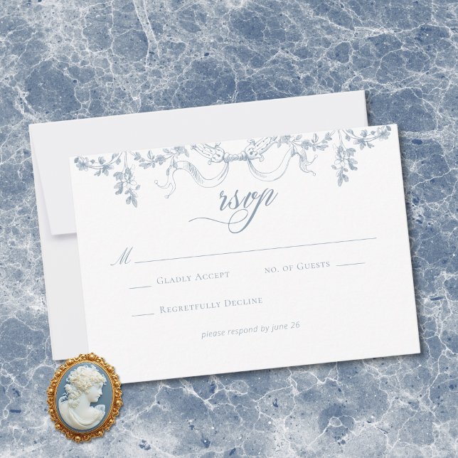 Classic Elegant Dusty Blue Floral Frame Wedding OSA Kort (Classic Elegant Dusty Blue Floral Frame Wedding RSVP Card)