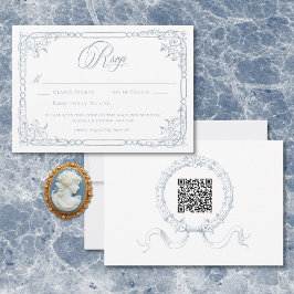 Classic Elegant Dusty Blue Floral Frame Wedding QR OSA Kort