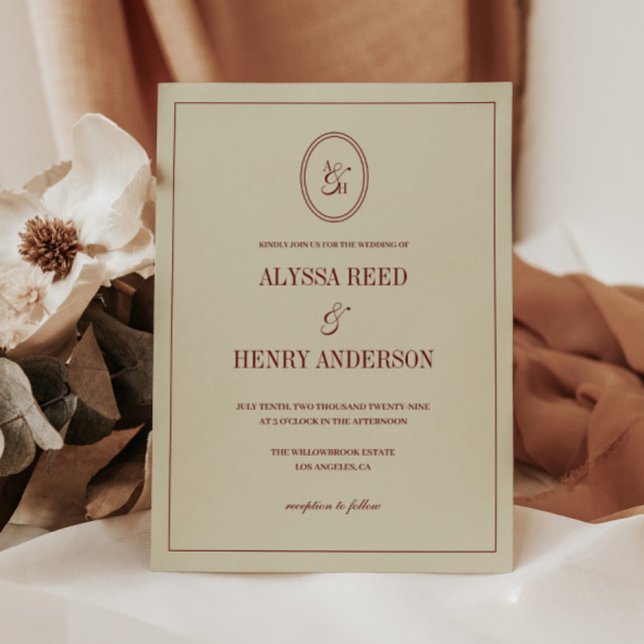 Classic Elegant Ivory & Wine Red Monogram Wedding Inbjudningar (Skapare uppladdad)