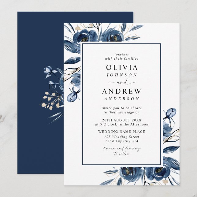 Classic Elegant Navy Blue Watercolor Wedding Inbjudningar (Fram/baksida)