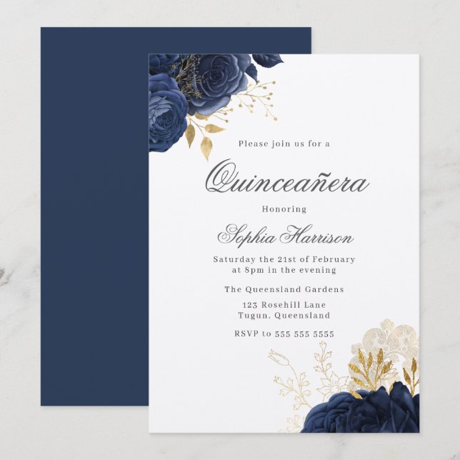 Classic Elegant Navy Midnight Ro Quinceanera Inbjudningar (Fram/baksida)