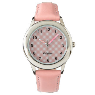 Classic Elegant Pink Gingham Plaid & Custom Name Armbandsur