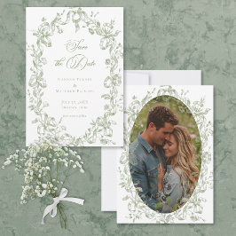 Classic Elegant Sage Floral Ribbon Photo Wedding Spara Datumet