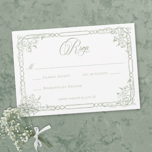 Classic Elegant Sage Green Floral Frame Wedding OSA Kort (Classic Elegant Sage Green Floral Frame Wedding RSVP Card)