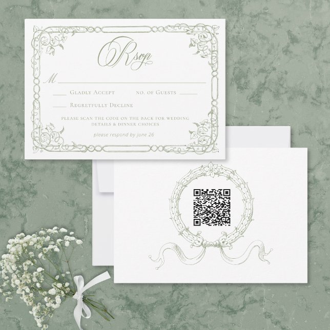 Classic Elegant Sage Green Floral Frame Wedding QR OSA Kort (Classic Elegant Sage Green Floral Frame Wedding QR RSVP Card)