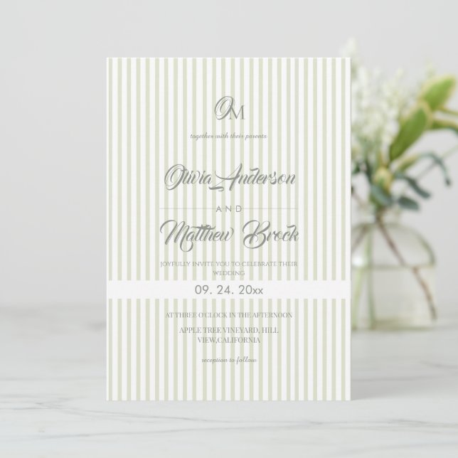 Classic Elegant⎮Sage Stripe Wedding  Invitation Inbjudningar (Stående Fram)