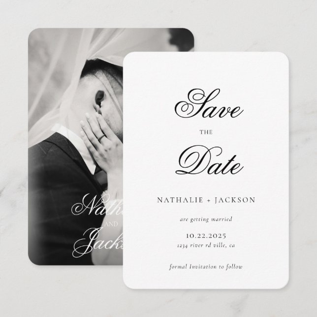 Classic Elegant Script Photo Wedding Save the Date Spara Datumet (Fram/baksida)