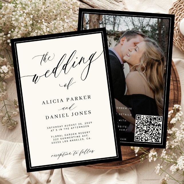 Classic elegant script QR code photo wedding Inbjudningar (Skapare uppladdad)