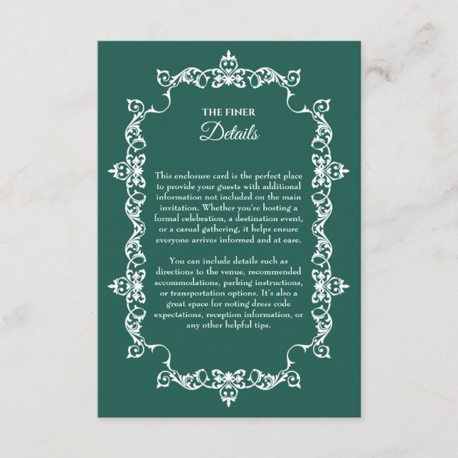 Classic Emerald Green Ornately Framed Wedding Tilläggskort (Framsida)