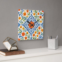 Classic Ethnic Mediterranean Blommigt Art Mönster Fyrkantig Klocka
