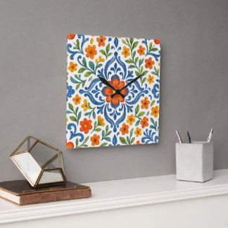 Classic Ethnic Mediterranean Blommigt Art Mönster Fyrkantig Klocka