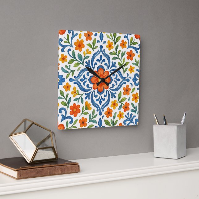 Classic Ethnic Mediterranean Blommigt Art Mönster Fyrkantig Klocka (Kontor)