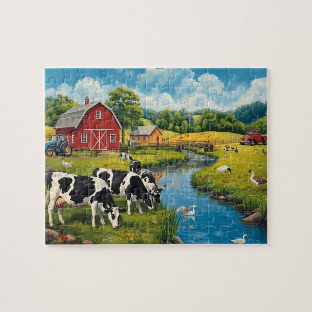 Classic Farm Scene Cows Red Barn Pussel (Horisontell)