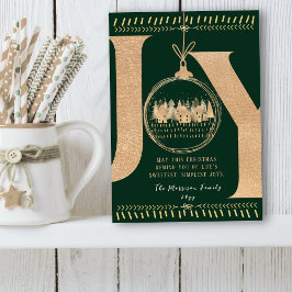Classic Festive Touch Simple Green and Gold “JOY” Julkort