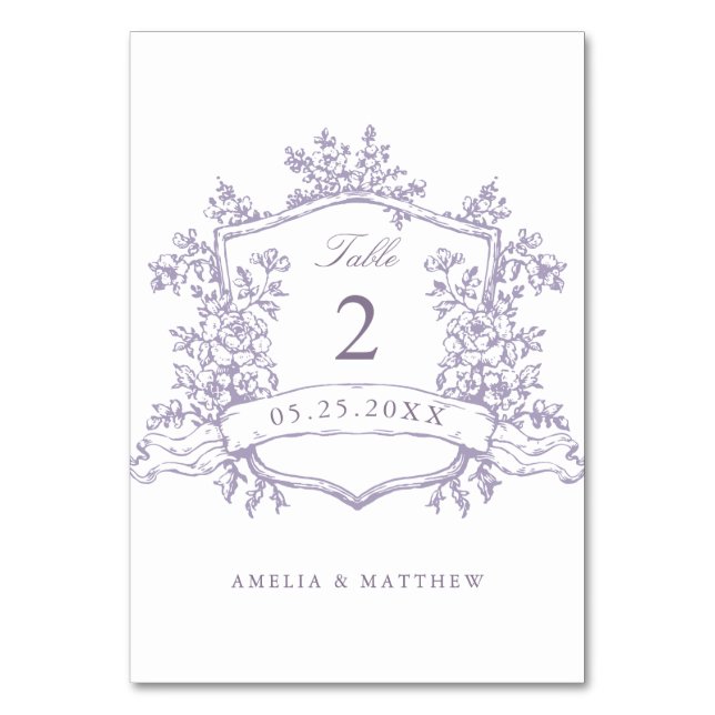 Classic Floral Crest Lavender Wedding Bordsnummer (Framsidan)