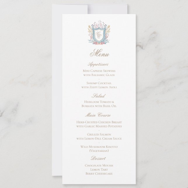 Classic Floral Monogram Crest Wedding Menu Card Spara Datumet (Framsida)
